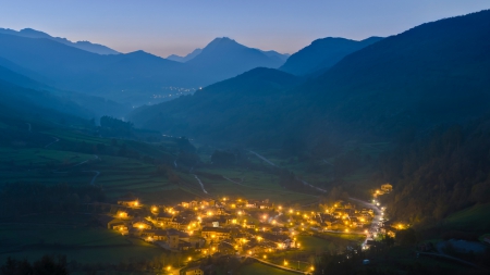 dawn over a village in a valley - village, dawn, fog, lights, mounatins, valley