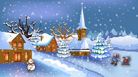 Peaceful Sunday Morning - snowman, houses, trees, sunday, winter, snowmen, christmas, village, home, church, chapel, snow, sled, feliz navidad