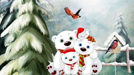 Polar Bear Family - trees, birds, winter, snow, cubs, love, bears, family, bear, bird houses, Christmas