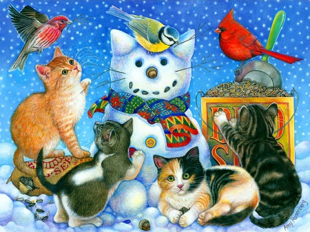 Snowy kittens - fun, birds, snowflakes, snow, smilind, joy, holiday, cats, art, kitties, snowman, cardinal, winter, beautiful, snowy, painting, snowfall