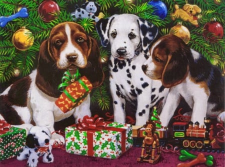 Jingle pups - jingle, joy, pups, christmas, art, decoration, holiday, magic, gifts, puppies, fun, tree, painting, new year