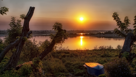 beautiful sunset over a lakescape - trees, shore, sunset, boat, lake