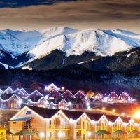row houses in a mountain village in winter