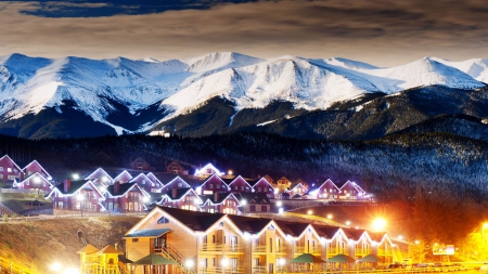 row houses in a mountain village in winter - village, mountain, forest, winter, dusk, lights