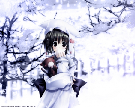 ❄️~Winter Days~❄️ - Cute, Fence, White Outfit, Black, White Hat, Snowflake, Eating, Uniform, Christmas, Hat, Black Eyes, Trees, Branches, Snowing, Teddy Bear, Snow, Akane, Doll, Innocent, Scarf, Whiteness, Black Ribbon, Sweet, Scenic, Winter, Lovely, Anime, White, Clothes, Seifuku, Blush, Ikegami, Beautiful, White Fence, Girl, Short Black Hair, Short Hair, Wonderful, Adorable, Winter Days, Teddy