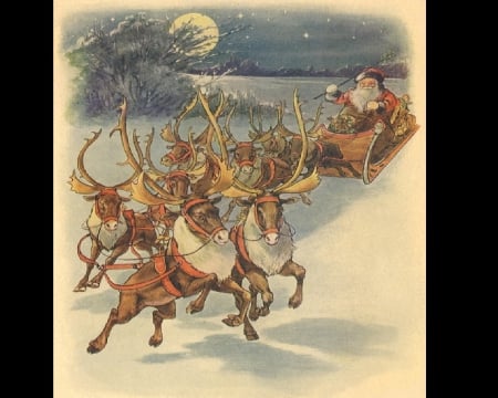 Santa And His Team - christmas, moon, santa, snow, reindeer