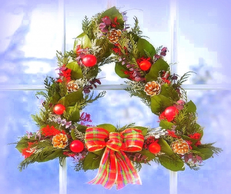 â˜…Natural Wreath Holidaysâ˜… - natural holiday wreath, greetings, photography, colorful, wreath, other, cherries, window, pine cones, indoor, xmas and new year, fruits, winter, christmas, holidays, love four seasons, shaped, bow, snow, winter holidays, seasons, colors, natural