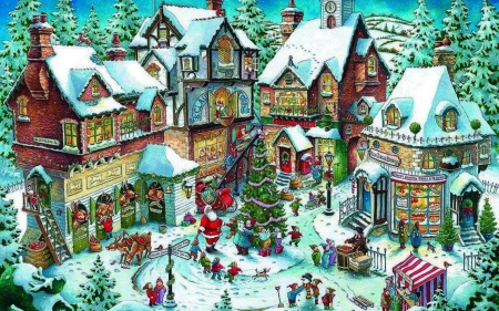 Santa's Village - santa, snowman, reindeer, people, workshop, gifts, christmas