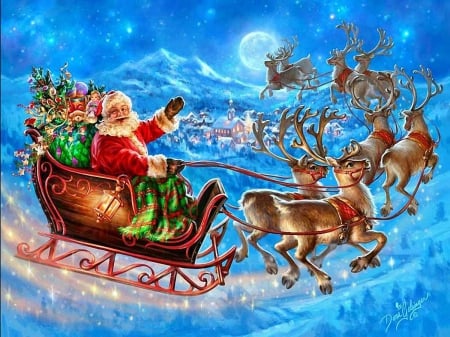 Santa's Sleighride - landscape, snow, winter, reindeers, gifts