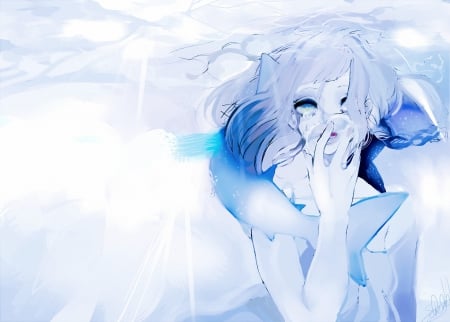 The music of the ocean - pretty, anime, female, dress, short hair, music, animal, blue hair, nice, blue eyes, anime girl, game, water, beautiful, singer, beauty, cool, sweet, ocean, awesome, cute, fish