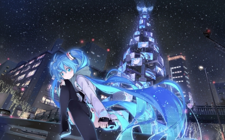 Christmas night - nice, beauty, sky, female, music, singer, anime girl, blue ahir, pretty, cool, game, anime, miku, house, tv, cute, hatsune miku, skirt, blue eyes, long hair, christmas, vocaloid, snow, beautiful, sweet, awesome, dress, lights