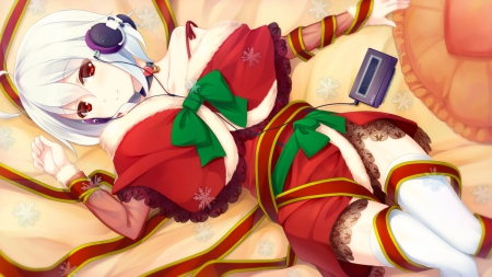 Christmas music! - pretty, anime, female, dress, white hair, short hair, music, nice, Christmas, anime girl, game, beautiful, beauty, cool, sweet, life, red eyes, cg, awesome, cute, sexy