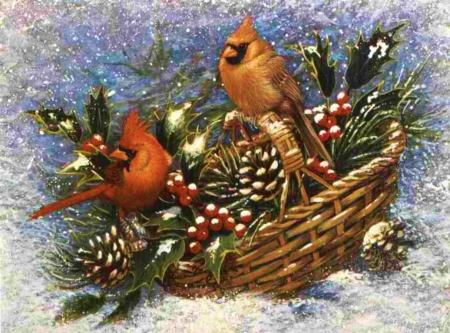 Cardinal's Nest - pinecone, basket, birds, artwork, snow