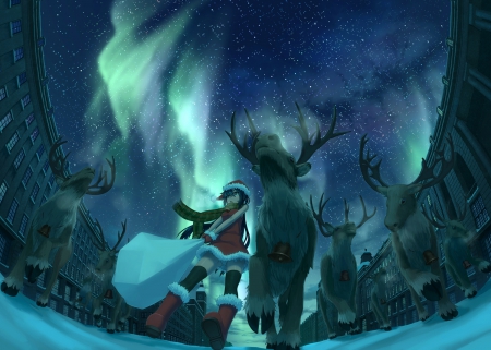 Merry Christmas! - nice, beauty, sky, aurora borealis, female, hat, anime girl, black hair, fantasy, reindeer, pretty, game, anime, house, cute, stars, blue eyes, long hair, winter, night, beaty, christmas, cg, merry christmas, snow, beautiful, animal, sweet, dress, lights