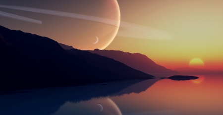 Incolumn - calm, warm, moon, alien, planet, lake, stars, bare