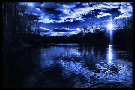 BLUE RIVER - RIVER, CLOUDS, SKY, SUN, REFLECTION, BLUE