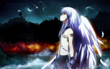 Tachibana Kanade - yellow eyes, tachibana kanade, anime, wings, feathers, angel beats, white hair