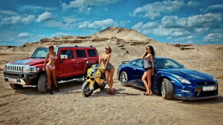 6 Beauties - girls, women, sexy, beautiful, lingerie, cars, motorcycles