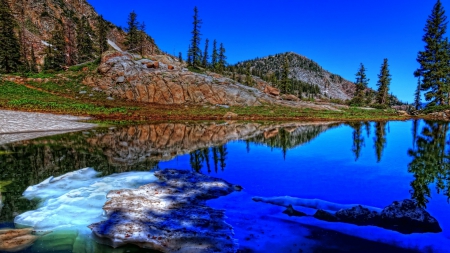 gorgeous pond on a crisp winter day hdr - ice, reflection, hills, hdr, pond, rocks