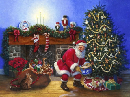 Santa with Gifts - artwork, tree, ornaments, holy night, decoration, christmas