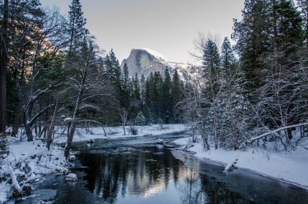 Yosemite Winter - mountains, trees, snow, river