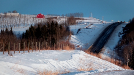 Winter highway, Western Canada - alberta, highways, roads, winter, canada, red houses, farms