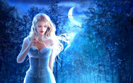 BLUE HEAVEN - Trees, Moon, Blonde, Beautiful, Gothic, Blue, Girl, Fantasy, Wallpaper