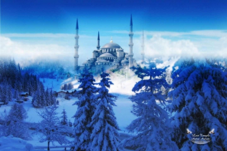 Lost Temple - house, winter, landscape, snow, mosque, building