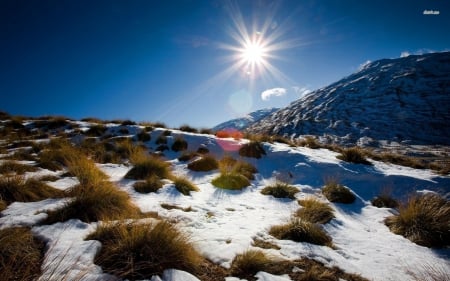 Coronet Peak, New Zealand - sky, sun, snow, mountains, grass