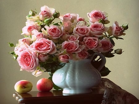 Beautiful pink roses - beauty, freshness, roses, photography, still life, gorgeous, petals, scent, soft, apples, vase, fruit, abstract, beautiful, colors, flowers, natural