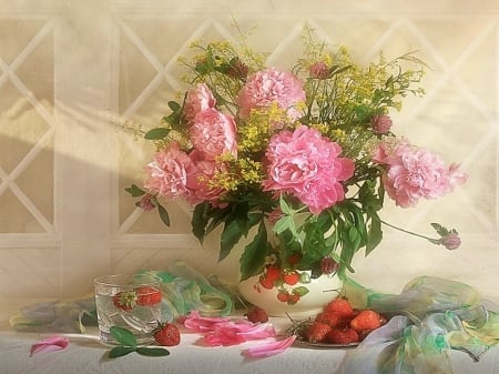 Still life - window, spring, pink, fresh, fruits, other, abstract, strawberries, water, beauty, freshness, still life, peonies, colorful, arrangement, soft, glass