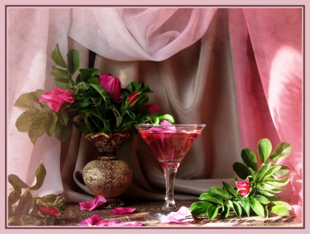 Still life - drink, flowers, abstract, arrangement, pink, still life, glass, other