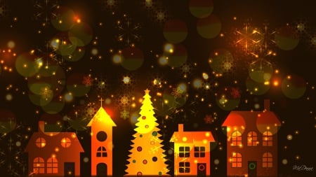 Amber Winter Night - houses, winter, snowflakes, shine, gold, christmas, bright, abstract, brown, tree, amber, lights