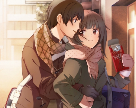 Cute Couple - cuteshort hair, anime, anime girl, romance, pocky, scarf, cute, date, couple, hug, cute couple