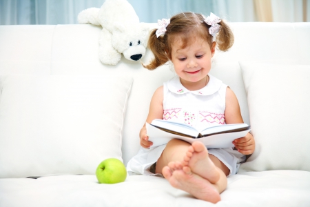 Want to read you a story, dear puppy? - girl, smiling, toy, story, book, apple, enjoying, read