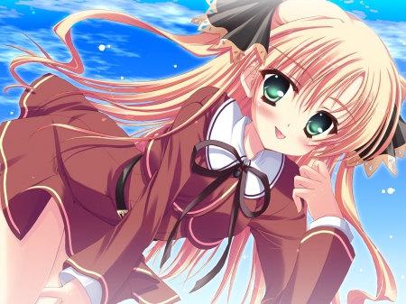 I love the wind in my hair - sky, lady, blue eyes, anime, long hair, manga, blonde