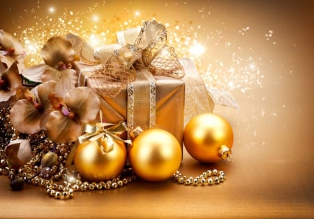 Happy Holiday - abstract, present, golden, balls