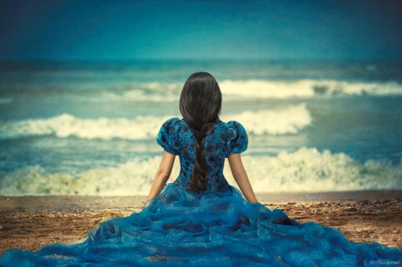 :) - women, soft, beauty, blue lace dress, ocean, sand, sky, lady, waves, fashion