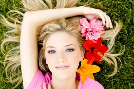 âœ¿ Happy Flower Girl âœ¿ - red, pink, happy, beautiful, flowers, blonde, yellow, girl, nature, colors