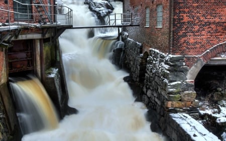 Waterfall Through a Street - nature, street, town, waterfall