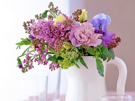 Beauty of flowers - beauty, freshness, still life, spring, pansies, nature, lilacs, purple, blue, pink, violets, flowers