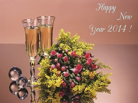 Happy New Year 2014 - glasses, roses, champagne, year, still life, abstract, flowers, new, happy