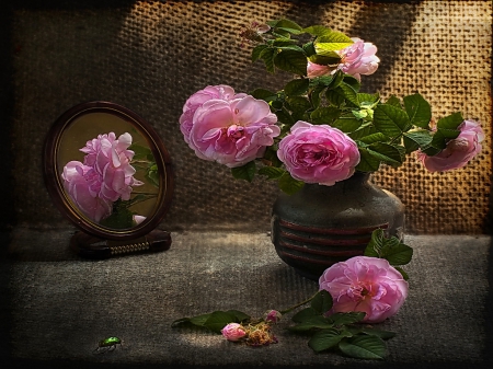 Roses - beauty, background, roses, light, still life, vase, ceramic, nature, dark, pink, mirror, petals, flowers, shadow