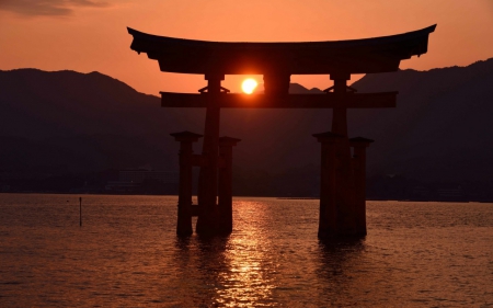 Itsukushima Shrine - torii, ocean, japan, shrine, scenery, japanese, sunset