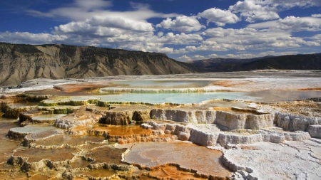 mineral deposits at the dead sea in israel - deposits, clouds, pools, mountains, minerals, sea