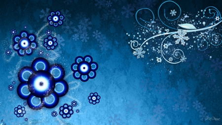 Blue Winter Design - abstract, winter, snowflakes, blue, snow, flowers, swrils, floral, curls