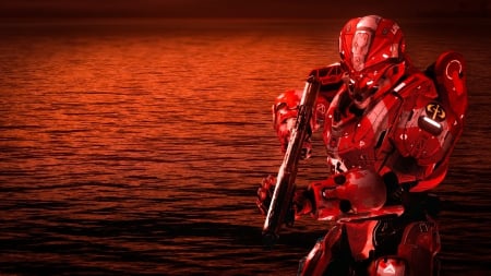 Last Battle - red, water, stalker, evening, spartan, shotgun, see, halo, reflection