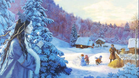 Winter Princess - woman, mystic, cottage, children, man, snow, artwork