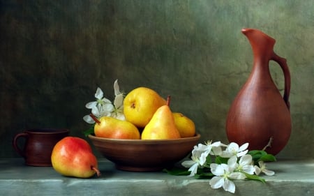 Still Life - table, flowers, plate, pear