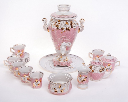 retro chic - porcelain, beautiful, samovar, pink, still life, retro, tea set, soft, chic